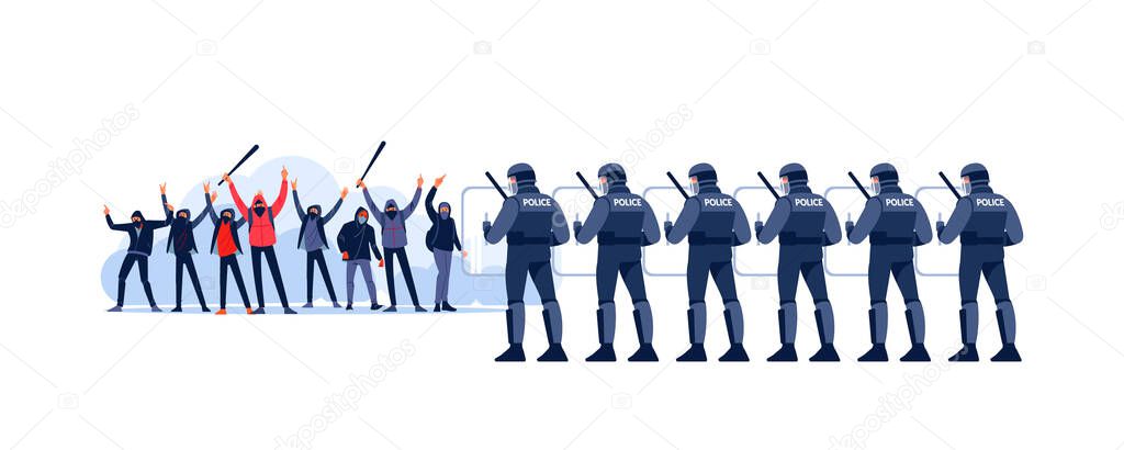 Street riots Crowds of people at a demonstration and Police in Riot Gear Holding the Line. Angry youth protest, holding stones, smoke bomb and bat at a political rally. Vector flat illustration