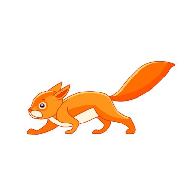 Şirin kırmızı sincap yürüyor. Küçük memeli bir hayvanın çizgi film karakteri. Kırmızı turuncu kürklü vahşi bir orman yaratığı. Yan görüş. Düz biçim illüstrasyonundaki vektör beyaz arkaplanda izole edildi