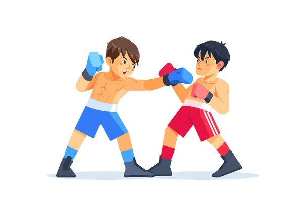 Teen Boys trainieren Boxkünste. Freunde mit Handschuhen, kämpfen. Sport, Kampfkunst Konzept Cartoon Vektor Illustration isoliert auf weißem Hintergrund — Stockvektor