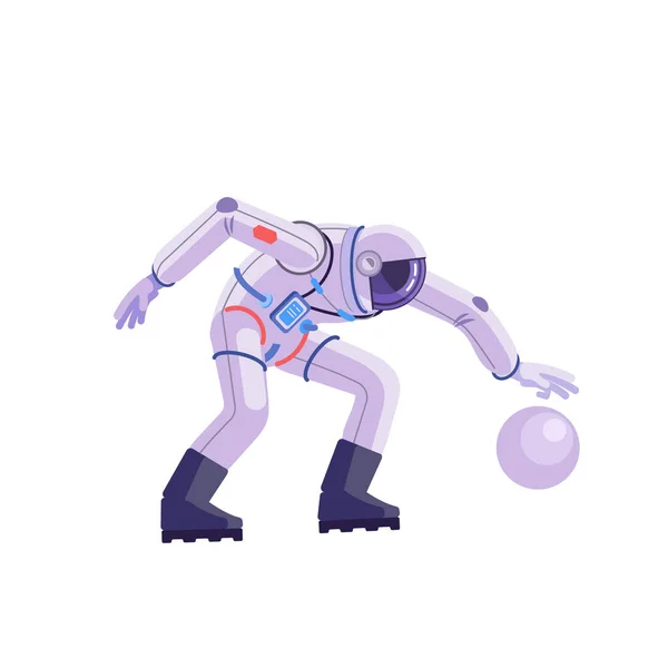 Astronaute avec une balle jouant au basket dans l'espace. Ensemble cosmonaute, conception vectorielle de personnage d'astronaute humain. Illustration vectorielle plate, image de dessin animé isolée sur fond blanc. — Image vectorielle