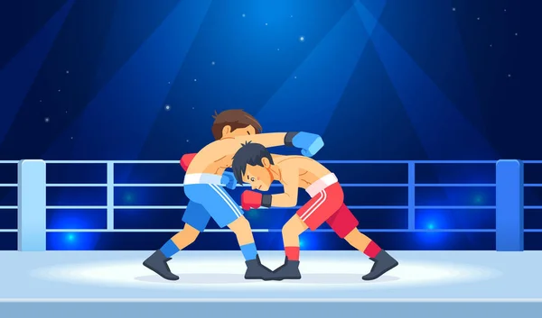 Professional Boxing among boys on ring. Teen boxing, kickboxing children on arena. Young Boxers fight with these adult emotions. Concept of sports and healthy lifestyle. Cartoon vector illustration — Stock Vector