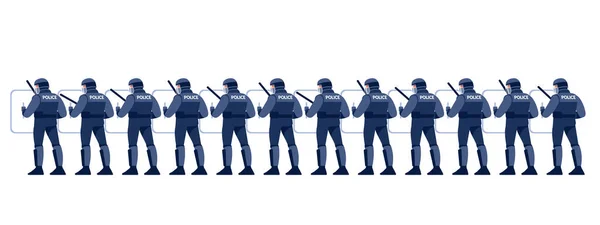 La policía de Riot Gear mantiene la línea. Grupo de policía antidisturbios con equipo de protección y escudos. Personajes de dibujos animados Ilustración vectorial estilo plano aislado sobre fondo blanco — Vector de stock