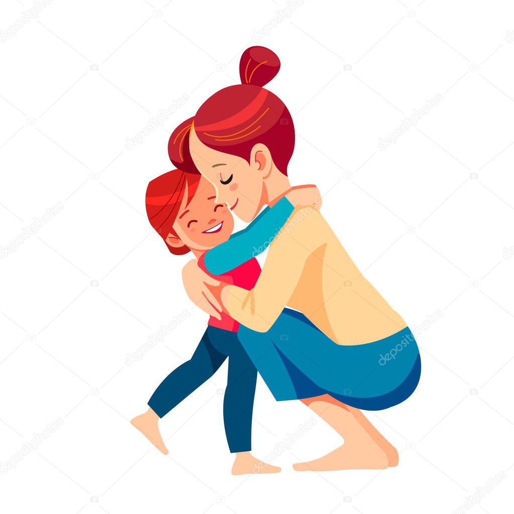Mother and child. Mom hugging her son with a lot of love and tenderness. Mothers day, holiday concept. Cartoon flat isolated vector design