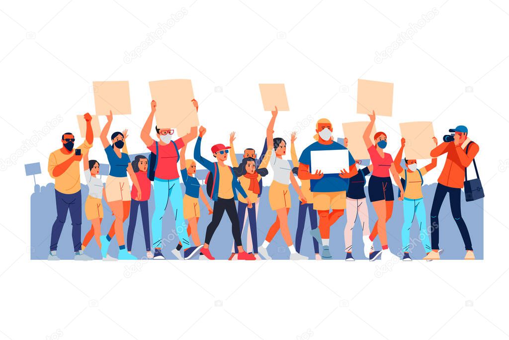 Crowd of protesting people with mask holding banners and placards. People taking part in political meeting, parade or rally. Group of male and female protesters or activists. Vector illustration