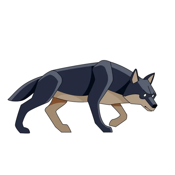 Black wolf watches for potential prey. Cartoon character of a dangerous mammal animal. A wild forest creature with dark fur. Side view. Vector flat illustration isolated on a white background — Stock Vector