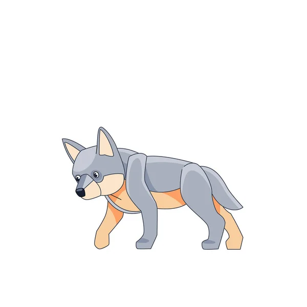 Junges Wolfsjunges ist auf Beutesuche. Zeichentrickfigur eines gefährlichen Säugetieres. Ein wildes Waldwesen mit grauem Fell. Seitenansicht. Vektorflache Darstellung isoliert auf weißem Hintergrund — Stockvektor