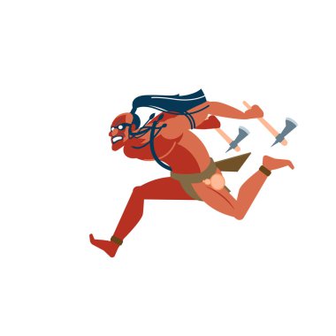 Yerli Afrika kabilelerinin savaşçısı, bir Avustralya ve Amerikan yerli takımı, bir kabile üyesi elinde iki tamogawk ile düşmana vahşice saldırıyor. Vektör karikatürü, düz çizim.