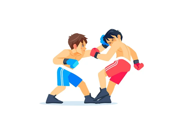 Un joven boxeador o luchador pierde y es golpeado en la cara por un derribo o nocaut en el ring de boxeo durante una pelea. Personaje de dibujos animados, ilustración de estilo de vector plano — Vector de stock