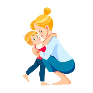 Avrupalı anne ve çocuk. Sarışın anne mavi gözlü çocuğu büyük bir sevgi ve şefkatle kucaklıyor. Anneler Günü bir tatil konseptidir. Çizgi film yassı izole vektör tasarımı