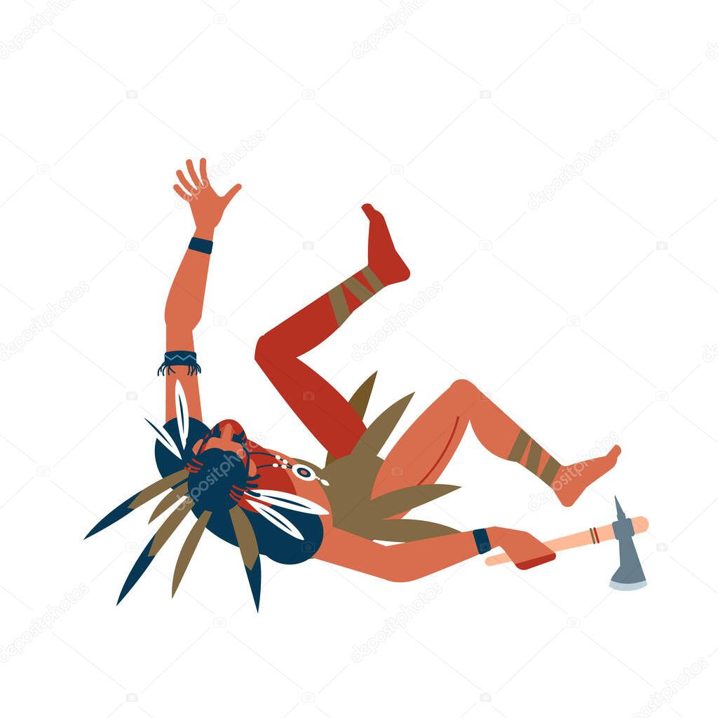 Native American Indian warrior man, wounded during a battle. Cartoon, flat vector illustration isolated in white background