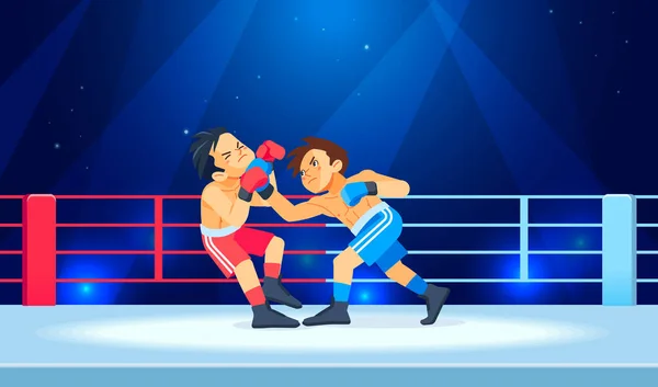 Een jonge vechter of bokser verliest en wordt in het gezicht geraakt door een knock-out of knock-out in de boksring tijdens een gevecht. Cartoon karakter, platte vector stijl illustratie — Stockvector