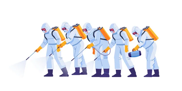 People in virus protective suits and mask disinfecting buildings of coronavirus with the sprayer. Home disinfection by cleaning service. Cartoon flat style illustration isolated on a white background — Stock Vector