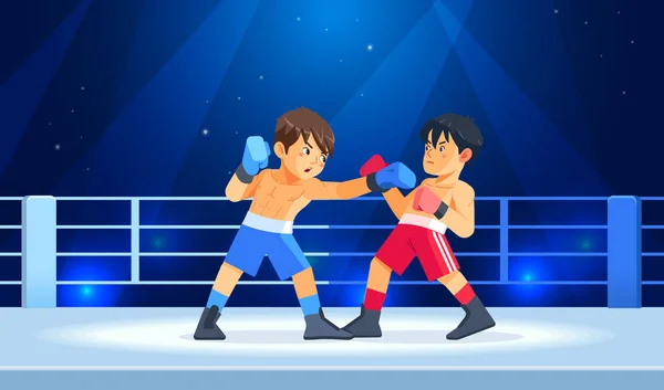 Box professional match among young boys. Teen boxing, kickboxing children on arena. Guys Boxers fight with these adult emotions. Concept of sports and healthy lifestyle. Cartoon vector illustration — Stock Vector
