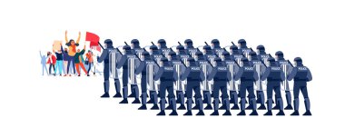 Birçok insan insan insan hakları için bir gösteride. Riot Gear 'daki polis hattı tutuyor. Kızgın bir erkek ve kadın, ellerinde pankartlarla protesto ediyorlar. Çizgi film Vektörü düz biçim çizimi izole edildi