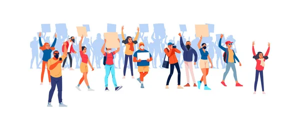 Parade rights, adult picket and strike. Activists with placards, peaceful rights protest, manifestation, men and women parade participation. People hold banners. Cartoon Flat vector illustration — Stock Vector