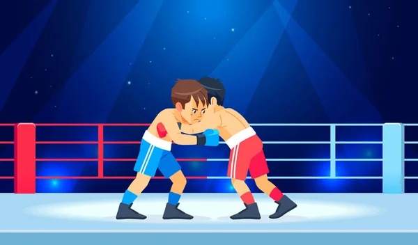 ボクシングの手袋の若い男の筋肉のボクサーは、リングの一本鎖に立っている。漫画のキャラクター少年ベクトルイラスト — ストックベクタ