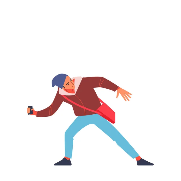 Street riots. An aggressive man of Radical youth throws a stone at the riot police. Flat style character vector illustration isolated — 图库矢量图片