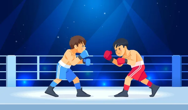 Rapazes antes de uma luta de boxe. Os tipos de luvas começam a lutar. Esportes, artes marciais conceito cartoon vetor ilustração — Vetor de Stock