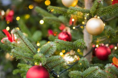 Parlak kırmızı ve altın sarısı Noel mücevherleriyle süslenmiş bir köknar ağacının yakın çekimi. Ilık ışık Bokeh klasik bir bayram havası yaratır.