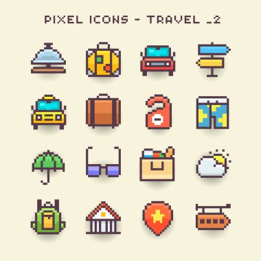 Piksel seyahat Icons set 