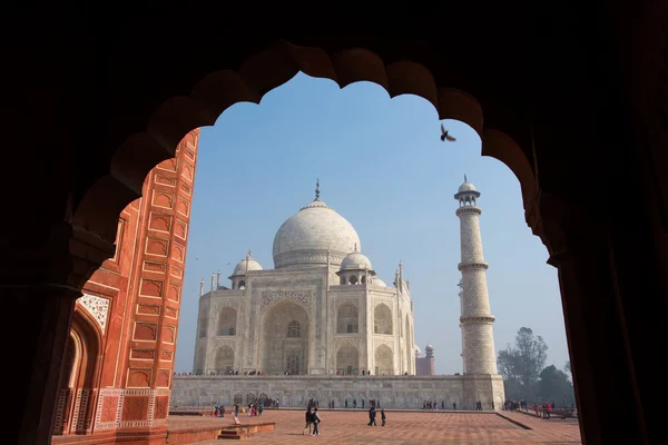 Rámování Taj Mahal mauzoleum s jasně modrou oblohu, Agra, Indie — Stock fotografie