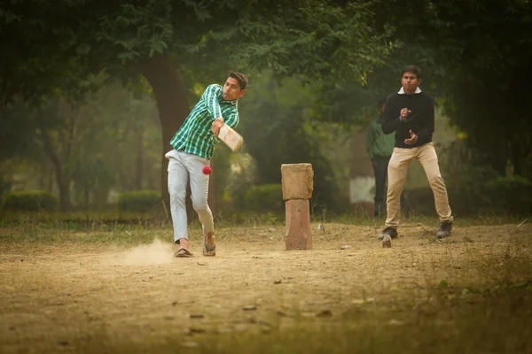 AGRA, ÍNDIA - JAN 09: Jovens meninos jogando críquete em um parc de Ag — Fotografia de Stock