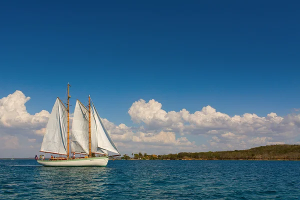 Sailing on sea with white clouds and blue sky — Stock Photo, Image