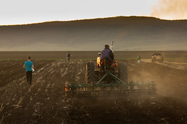 Família trabalhando no campo com mão e trator. Pessoas fazendo cla — Fotografia de Stock