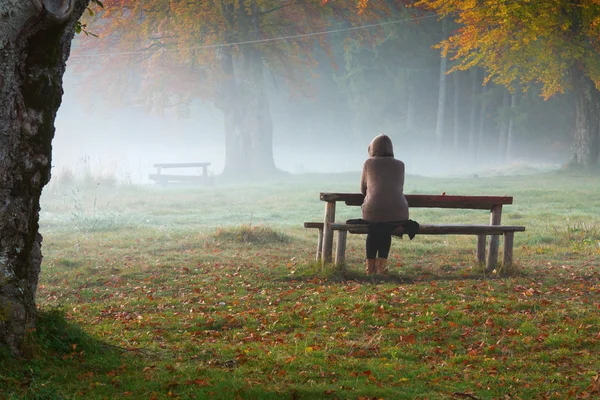 Woman relaxing on a bench in a foggy morning — Stock Photo, Image