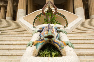 Seramik ejderha Çeşmesi parc guell, antoni tarafından tasarlanan gaudi, Barselona, İspanya.