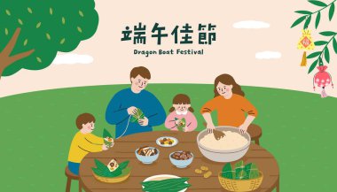 Mutlu aile, Ejderha Teknesi Festivali 'ni kutlamak için dışarıda geleneksel zongzi pirinç köftesi yapıyor. Çin kültürünün ve Duanwu tatilinin temsilcisi. Çeviri - Ejderha Teknesi Festivali