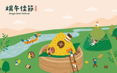 Zongzi, çocuklar ve ejderha teknesi yarışı olan şirin Ejderha Teknesi Festivali vektörü. Çeviri - Ejderha Teknesi Festivali