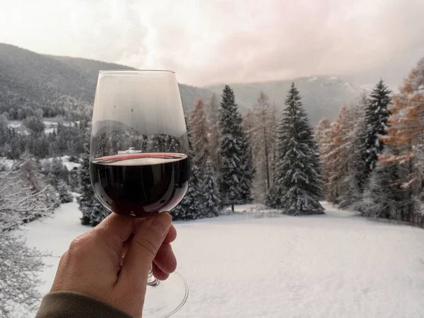 Ett Glas Vin Handen För Att Skåla Det Snöiga Landskapet Stockfoto