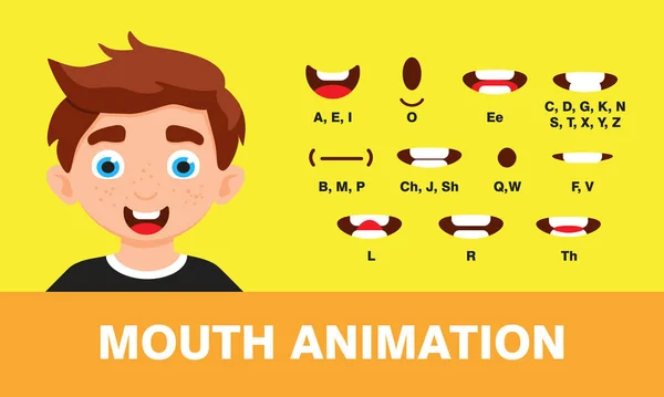 Jongen mond animatie met verschillende uitdrukkingen in platte stijl vector illustratie set. — Stockvector