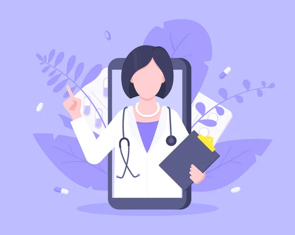 Akıllı telefon vektör illüstrasyonunda doktorla çevrimiçi doktorluk hizmeti kavramı.