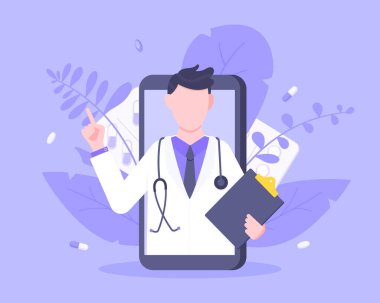 Laptop vektör illüstrasyonunda doktorla çevrimiçi doktorluk hizmeti kavramı.