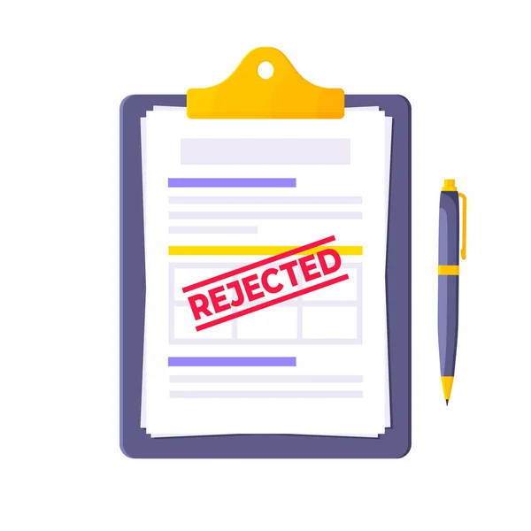 Odmítnutý úvěrový nebo úvěrový formulář se schránkou a formulářem žádosti, papírové listy izolované na bílém pozadí. — Stockový vektor