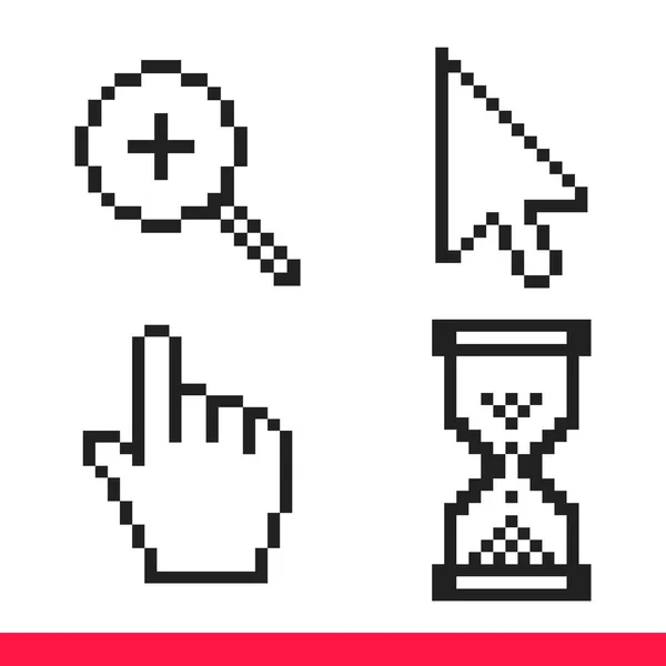 Flecha en blanco y negro, mano, lupa y reloj de arena píxel ratón cursor iconos vector ilustración conjunto — Vector de stock