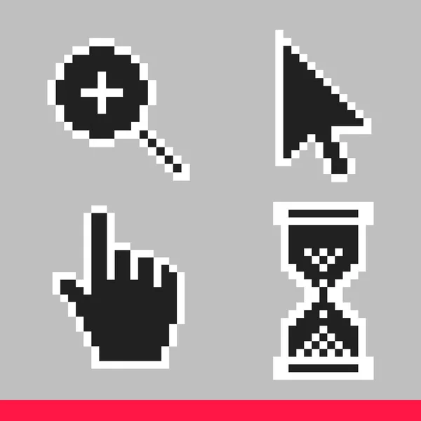 Flecha en blanco y negro, mano, lupa y píxeles de reloj de arena iconos del cursor del ratón — Vector de stock