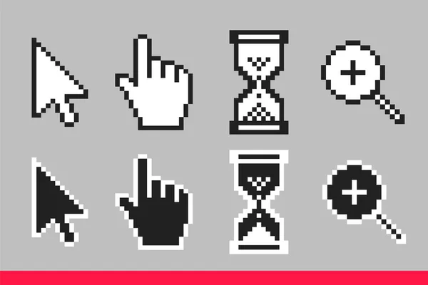 Flecha en blanco y negro, mano, lupa y reloj de arena píxel ratón cursor iconos vector ilustración conjunto — Vector de stock