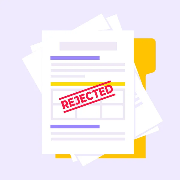 Odmítnutý úvěrový nebo úvěrový formulář se souborem a formulářem žádosti, papírové listy izolované na pozadí. — Stockový vektor