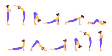 Surya namaskar Bir güneş selamı yoga asanas dizisi vektör illüstrasyonunu ayarladı.