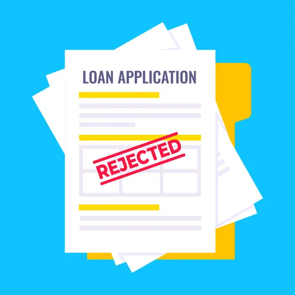 Formulaire de crédit ou de prêt rejeté avec dossier et formulaire de demande, feuilles de papier isolées sur fond bleu clair. — Image vectorielle