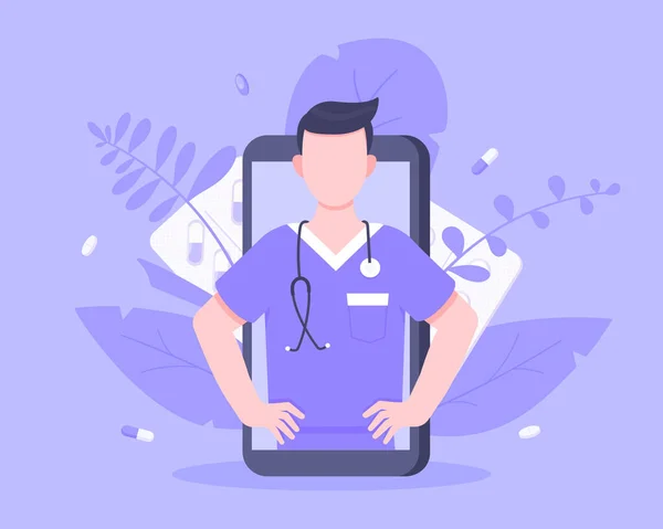 Conceito de serviço médico médico on-line com médico na ilustração do vetor do smartphone. — Vetor de Stock