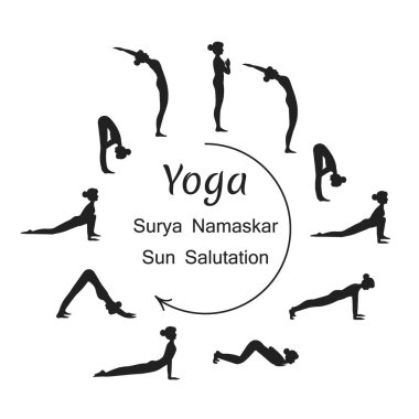 Surya namaskar Bir güneş selamı yoga asanas dizisi vektör illüstrasyonunu ayarladı.