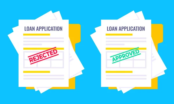 Moduli di credito o di prestito respinti e approvati con modulo di richiesta su di esso, fogli di carta isolati su sfondo blu — Vettoriale Stock