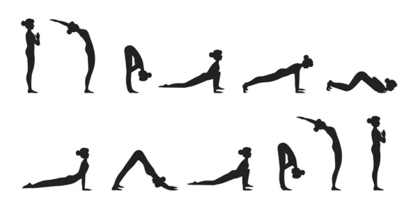 Surya namaskar Um sol saudação ioga asanas sequência conjunto vetor ilustração. — Vetor de Stock