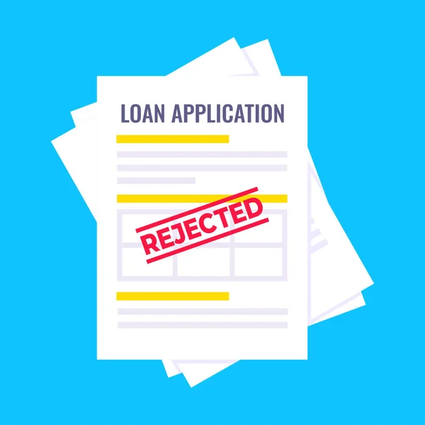 Formulaire de crédit ou de prêt rejeté avec dossier et formulaire de demande, feuilles de papier isolées sur fond bleu clair. — Image vectorielle