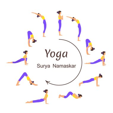 Surya namaskar Bir güneş selamı yoga asanas dizisi vektör illüstrasyonunu ayarladı.