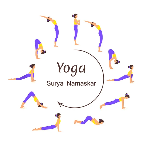 Surya namaskar A sun salutation yoga asanas sequence set vector illustration. — 스톡 벡터